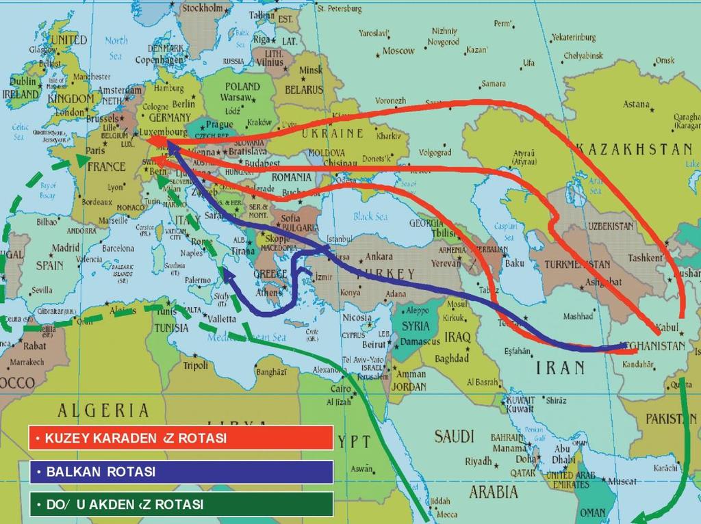 TÜRKİYE UYUŞTURUCU VE UYUŞTURUCU BAĞIMLILIĞI İZLEME MERKEZİ Avrupa ya yapılan eroin kaçakçılığı 3 ana güzergah kullanılmak suretiyle gerçekleştirilmektedir (Şekil-1).