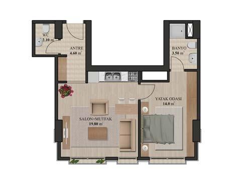 36 37 TİP 1 1+1 DAİRE PLANI TİP A 2+1 DAİRE PLANI Salon + Mutfak 19,80 m2 Yatak Odası 14 m2 Banyo 3,5 m2 WC 2,1 m2 Antre 4,6 m2 Daire Net Alanı 44 m2 Daire