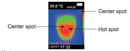 Ölçüm Piksel merkezinin ölçülen sıcaklığı, ekranın sol üst köşesinde görüntülenir. Işınım katsayısının ayarı da ekranın sağ üst köşesinde görüntülenir.