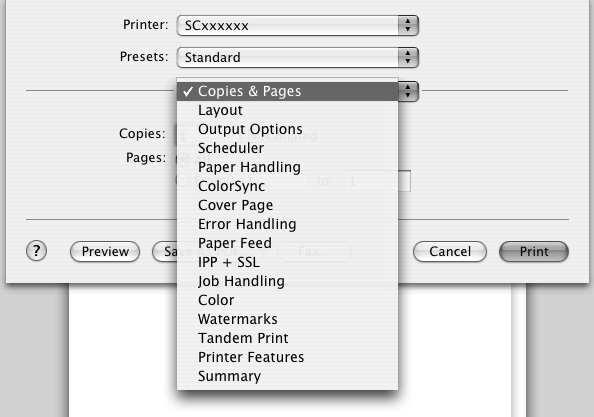 YAZDIR TextEdit'in [File] menüsünden [Print] seçin. 1 Doğru yazıcının seçili olduğundan emin olunuz. 2 "Printer" menüsünde görünen makine adı normalde [SCxxxxxx] şeklindedir.