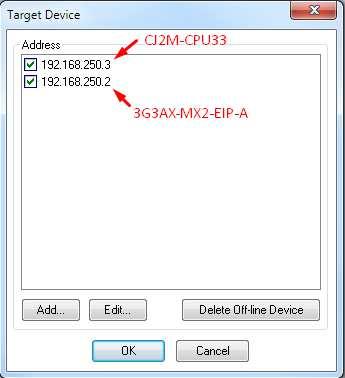Network > Upload seçilerek ağ taranır; CJ2M-CPU33 için 192.168.250.3 ve 3G3AX- MX2-EIP-A için 192.168.250.2 cihazlar görüntülenir.