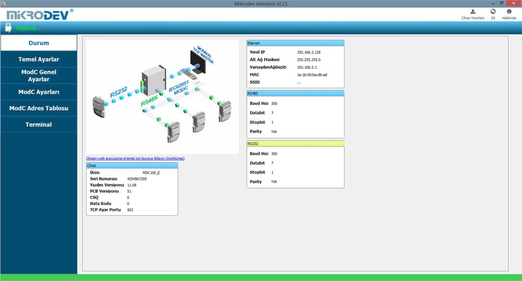 2 MODC GATEWAY AYARLARI 2.1 Durum Ekranı 2 Mikrodev cihazına bağlantı gerçekleştikten sonra ekrana cihazla alakalı bilgilerin bulunduğu genel bir bilgilendirme ekranıdır.