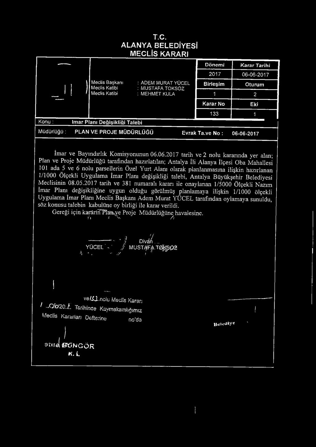 06-2017 İmar ve Bayındırlık Komisyonunun 06.06.2017 tarih ve 2 nolu kararında yer alan; Plan ve Proje M üdüdüğü tarafından hazırlatılan; Antalya İli Alanya İlçesi Oba ımahaliesi 101 ada 5 ve 6 nolu