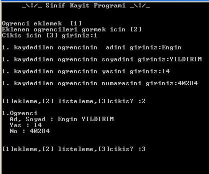 Örnek Program Çıktıları: **1 ögrenci eklenmis ve listele