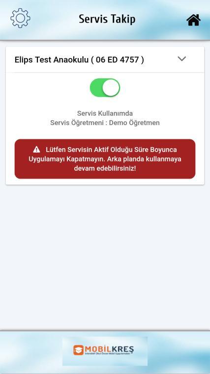 6. Servis aktif edildiği an serviste öğrencisi bulunan tüm velilere "Öğrencinizin Servisi Aktif Edildi" bildirimi gider ve veli haritadan servisi takip etmeye başlar.