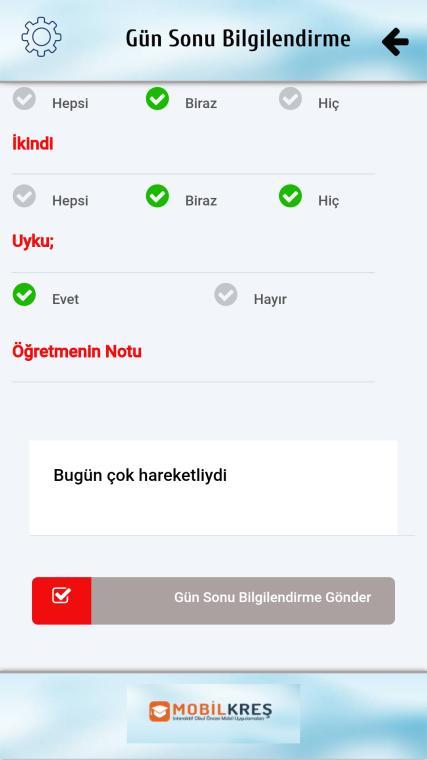 9. Tarih seçimi yapıldıktan sonra Gün Sonu Bilgilendirme ekranı açılır. İlgili alanlar üzerine tıklanınca yeşile döner.