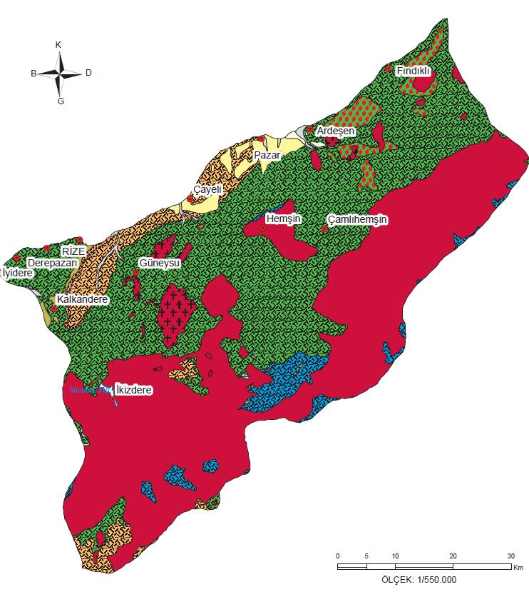 Rize ili jeoloji haritası Taşlıdere Çayı Akiferi: Rize ilinin doğusundan denize dökülen Taşlı Dere mansap bölümünde oluşan kil, silt, kum, çakıl, blok karmaşığından oluşan alüvyon akifer