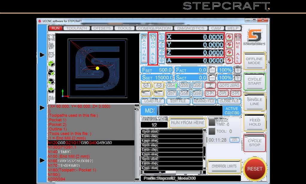 Bu onumda işlenecek malzemenin koordinatları X = 0.000, Y = 0.000 ve Z = 0.000 olacaktır. Toolpath ekranında (yani işlik ekranı) beliren sarı nokta bunu göstermektedir.