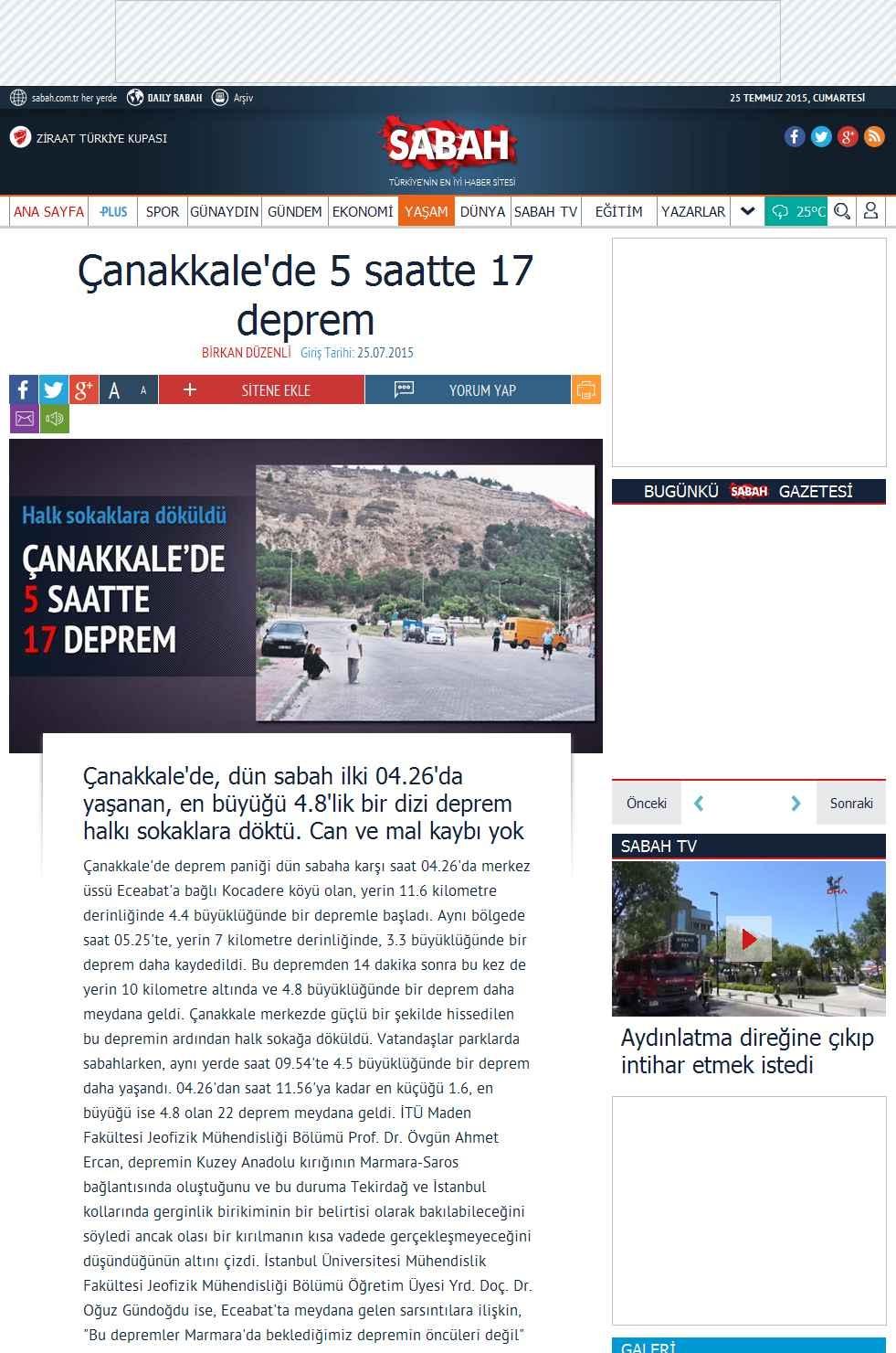 Portal Adres ÇANAKKALE'DE 5 SAATTE 17 DEPREM : www.sabah.com.