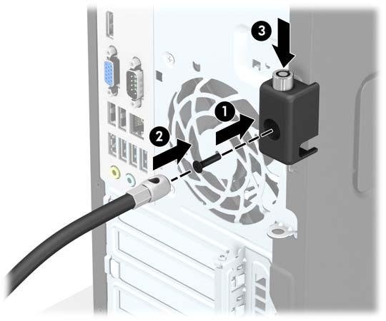 8. Kilidi verilen vidayı (1) kullanarak kasaya vidalayın. Güvenlik kablosunun priz ucunu kilide yerleştirin (2) ve kilidi takmak için düğmeye basın (3). Kilidi açmak için verilen anahtarı kullanın.