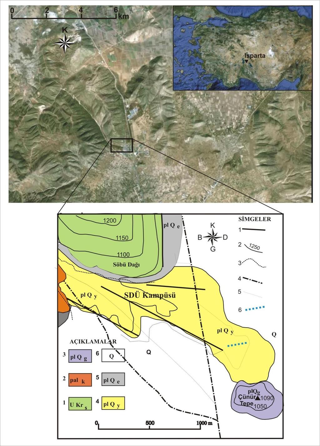 M. Z. KANBUR, A. SİLAHTAR, C.ÖZSOY Şekil 1. Çalışma sahası ve çevresinin basitleştirilmiş jeoloji haritası (Kanbur vd. 2008 den değiştirilmiştir). (AÇIKLAMALAR: 1. UKrs.