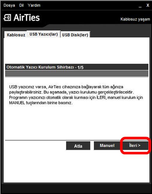 Adım 5 AirTies Hizmet Programı ile Otomatik USB Yazıcı Paylaşımı Evinizde kullanmakta olduğunuz bir USB yazıcınız var ise, bu yazıcıyı Air4420 ye bağlayarak bütün bilgisayarların