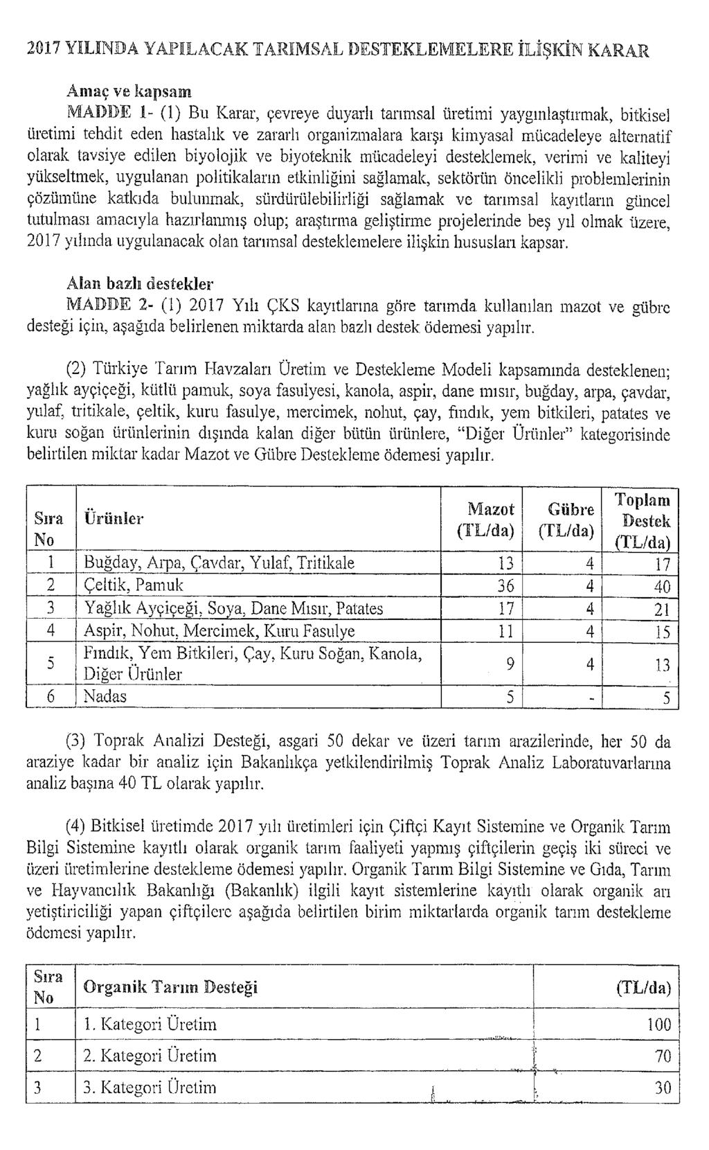 2017 YILINDA YAPILACAK TARIMSAL DESTEKLEMELERE İLİŞKİN KARAR Amaç ve kapsam MADDE 1- (1) Bu Karar, çevreye duyarlı tarımsal üretimi yaygınlaştırmak, bitkisel üretimi tehdit eden hastalık ve zararlı