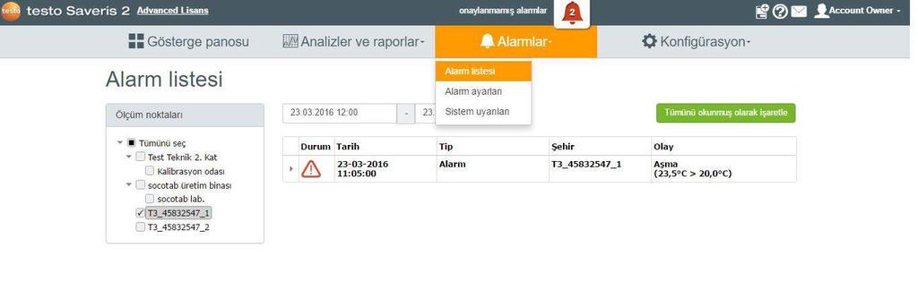 Testo Saveris 2 Alarm Listesi Saveris 2 sistemi ile her bir probun her bir kanalına kadar alarm ataması yapabilirsiniz.