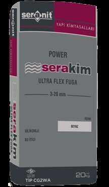 ULTRA FLEX FUGA POWER PORSELEN DERZ DOLGU MALZEMESİ CGWA KULLANIM ALANI & ÖZELLİKLERİ Çimento esaslı, polimer katkılı, su itici özelliğe sahip, elastik ve yüksek performanslı, renkli derz dolgu harcı.
