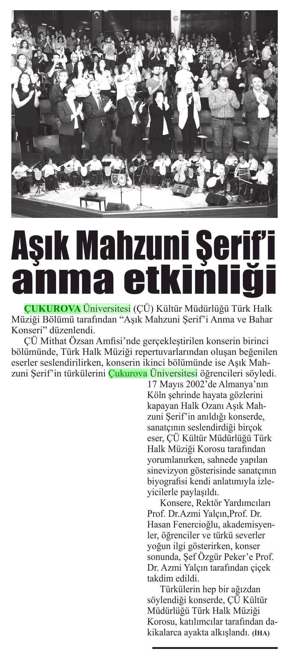 ASIK MAHZUNI SERIFI ANMA ETKINLIGI Yayın Adı : Anadolu