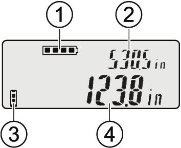 3.3 Ekran göstergeleri açıklaması Ekran göstergesi 4. Pillerin şarj durumu 5. Güncel ölçüm öncesi son ölçülen mesafe 6. Sürekli ölçümler için güncel mesafe veya son ölçülen mesafe 7. Arıza mesajı 3.