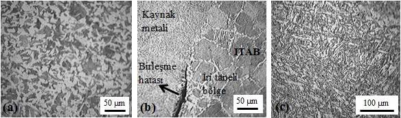 (HAZ), c) weld metal) Şekil 3.b ve 4.b da kaynak metali, iri taneli bölge ve ITAB-kaynak metali geçiş bölgelerini kapsayan mikroyapı görüntüleri verilmiştir.