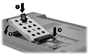 9. Sabit sürücü mandalını (3) yukarı çekip sabit sürücü kablosunu anakarttan ayırın (1), ardından sabit sürücüyü bilgisayardan dışarı doğru (2) çıkarın. Sabit sürücü takmak için: 1.