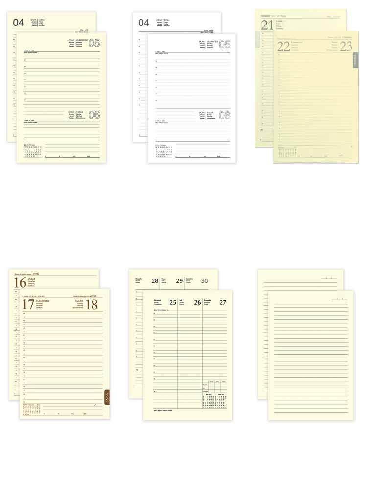 Ajanda ve Defter İç Blokları 101-102-103-104-106-107 No'lu Ajandaların İçi İÇ BLOK 501 16 Sayfa Bilgi 312 Sayfa Ajanda 70 g Ivory Kağıt 1 Renk Ofset Baskı 105-123-134-135 No'lu Ajandaların İçi İÇ