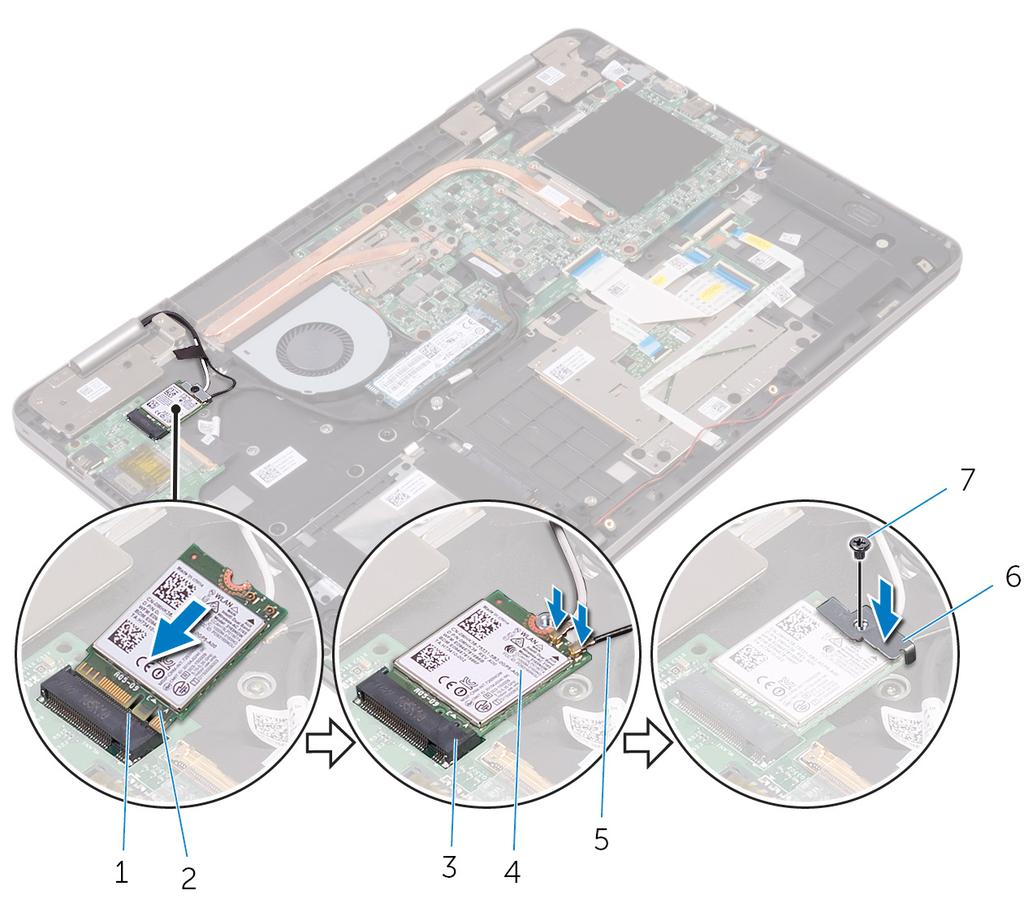 5 Kablosuz kart desteğini kablosuz karta ve avuç içi dayanağı aksamına sabitleyen vidayı (M2x3) yerine takın. Rakam 14. Kablosuz kartı takma.