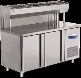 Soğutma Ekipmanları Cooling Equipments Pizza ve Salata Hazırlık Buzdolapları Refrigerated Pizza and Salad Counters - 1500 mm de 1/4-150 8 adet GN.küvet kapasiteli. - 2000 mm de 1/4-150 12 adet GN.