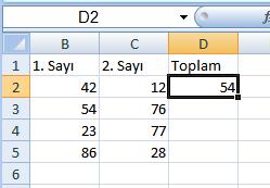 Hücre konumları kullanılarak yazılmış formül NOT: Formülü değer kullanarak yazdığımızda, hücre B1 ve B2 hücresindeki sayılar değiştiği zaman toplam değişmez, formülü tekrardan yazmamız gerekir.