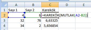 KAREKÖK İŞLEMİ =Karekök(81) 81 sayısının karekökünü hesaplar.