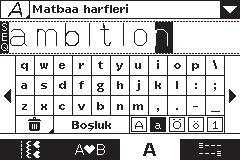 Alfabeyi kullanma Alfabe moduna genel bakış 1. Yazı tipi önizleme 2. Seçili yazı tipinin adı 3. Açılır yazı tipi seçimi listesi 4. Dikiş alanı 5. Klavye 6.