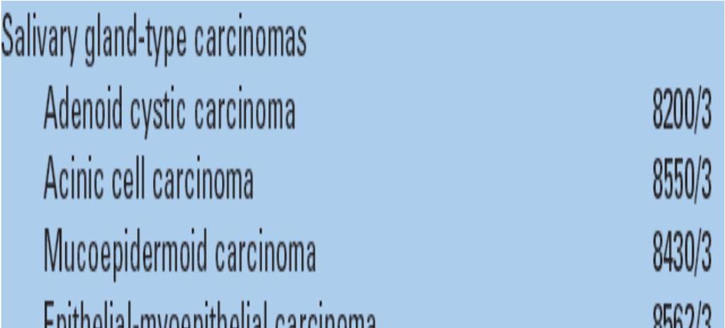 Minör tükrük bezi kanserleri Asinik hücreli karsinom Adenoid Kistik Karsinom Adenokarsinom, NOS -Düşük dereceli -