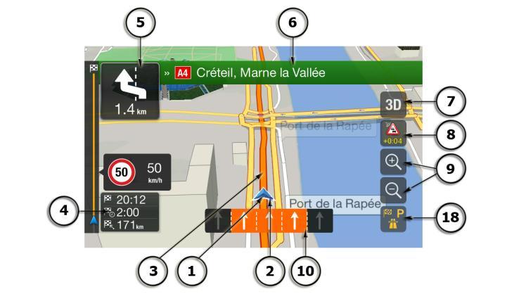 2.3 Navigasyon görüntüsü Navigasyon görüntüsü Alpine Navigation System uygulamasının ana ekranıdır ve planlanan rotayı haritada gösterir.