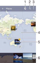 1 Coğrafi etiketli fotoğrafları Küre görünümünde görüntüleyin 2 Haritada bir konum arayın 3 Menü seçeneklerini görüntüleyin 4 Yaklaştırmak için iki kez dokunun.