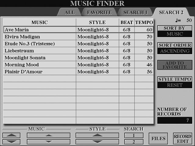 Geçerli Tarz için Uygun Şarkılar Arama (Repertuar) Müzik Bulucu Kayıtlarını kullanarak geçerli Tarzda çalmaya en uygun müzik parçalarını ve şarkıları arayabilirsiniz (sayfa 82).