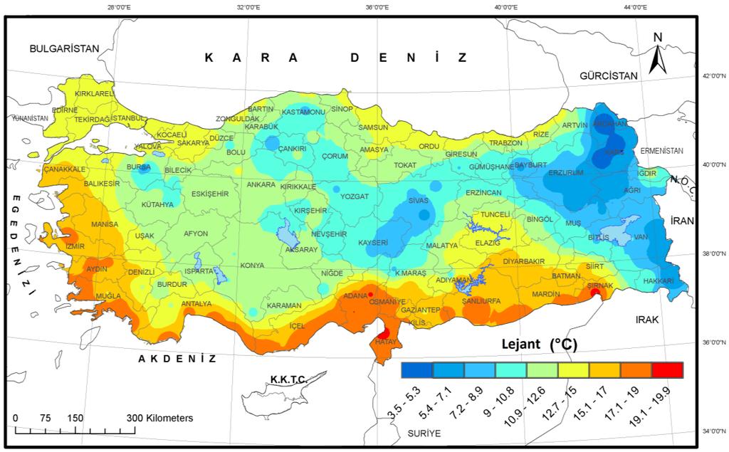 2.4.2. Türkiye sıcaklık değişimleri Türkiye de ortalama sıcaklıkların coğrafi dağılışına göre Ardahan, Kars, Erzurum, Hakkâri, Uludağ, Çerkeş ve Sivas ta 4-9 C, Orta Anadolu da 9-13