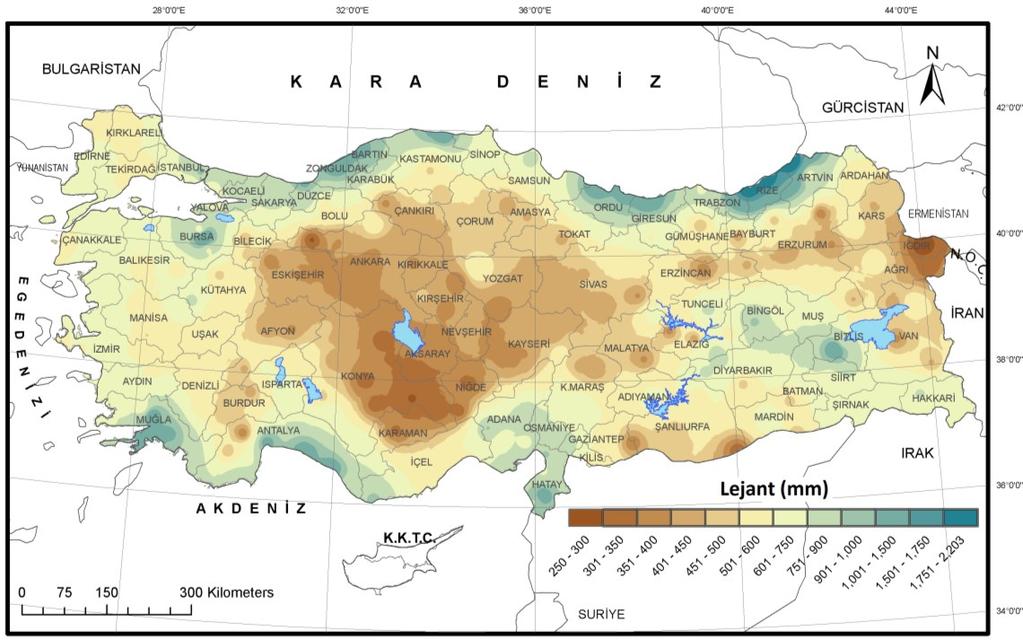 2.4.3. Türkiye yağış değişimleri Türkiye de yıllık toplam yağışların dağılışı hem yerel hem de mevsimsel olarak büyük farklılıklar gösterir.