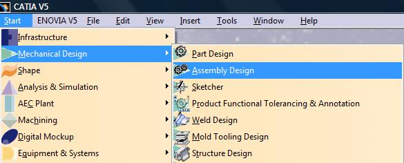 CATIA ASSEMBLY DESIGN ÇALIŞMA NOTLARI Assembly Design çalışma sayfasına girmek için öncelikle START MECHANICAL DESING ASSEMBLY DESİGN tıklanarak Assembly Design çalışma sayfasına gelinir.