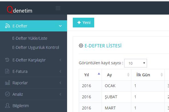 Bilgisayarınızdaki ham e-defter dosyasını Yeni butonuna tıklayarak portala manuel olarak yükleyebilirsiniz: 3- Defter Kontrolleri