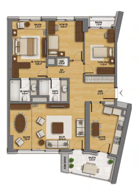 NET ALAN 3+1 101,20 M 2 BURGAZ NET ALAN + AÇIK BALKON 110,40 M 2 SATIŞA ESAS BRÜT ALAN 159,42 M 2 Sadece bu renkte gösterilen dolaplar