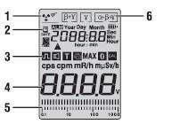 5 - Veri saklama için kayıt düğmesi / Parametre ayar düğmesi (AŞAĞI) 6 - ON / OFF düğmesi / düğmesi için Arka Işık 7 - Sv / h veya rem / h birimleri için seçim tuşu 8 - Giriş / onay tuşu 9 - ESC /