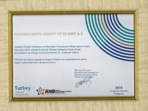 İstanbul Kimyevi Maddeler ve Mamulleri İhracatları Birliği tarafından PharmaVision a verilen Belge İstanbul