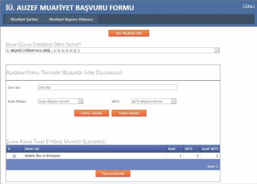 2. MUAFİYET BAŞVURUSU 2.2. Online Başvuru MUAFİYET KIL AVUZU Ders seçiniz kısmına