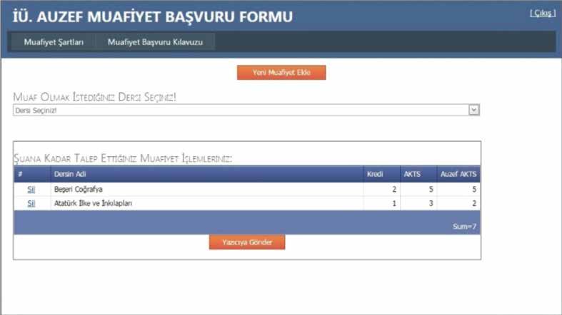 2. MUAFİYET BAŞVURUSU 2.2. Online Başvuru MUAFİYET KIL AVUZU Ders akts