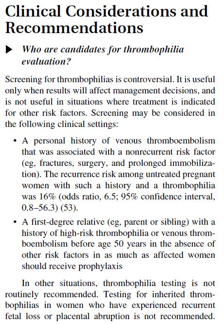 ACOG 2011 Kalıtsal trombofili taraması: Önerilen VTE
