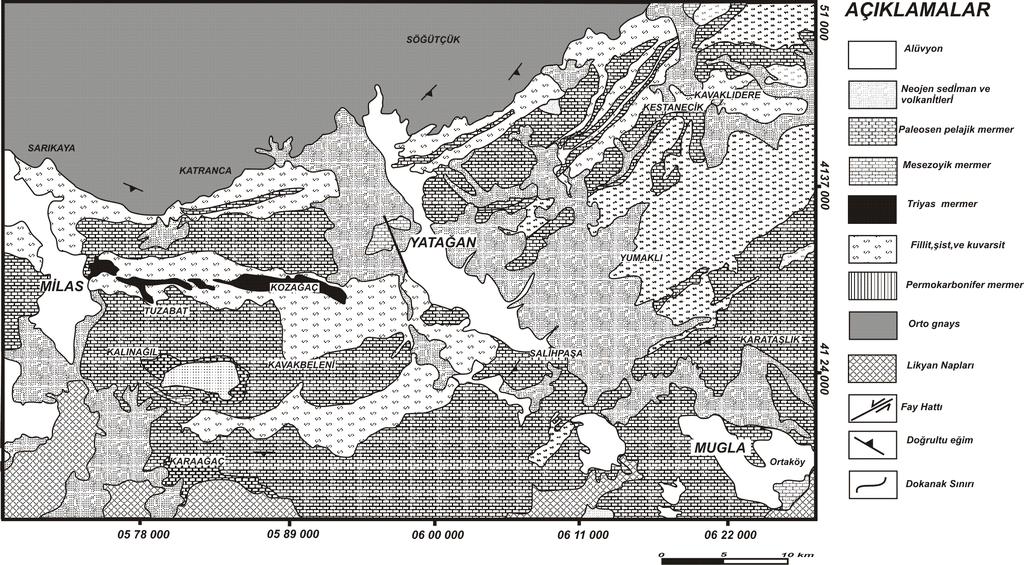 Muğla Bölgesi Mermer Sektörünün Swot Analiz Araştırması, Bağcı ve Karataş üretiminin yapıldığı bölgeler, mermerlerin renk, doku ve stratigrafik seviyelerine göre dört bölgeye ayrılmışlardır Konak vd.
