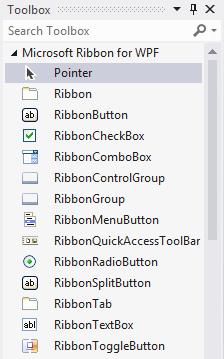 Ribbon namespace ini uygulamalara referans verdikten sonra Toolbox penceresine Microsoft Ribbon for WPF