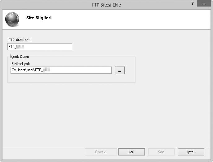 10 Site bilgilerini girin. Ftp yüklemesi için kullanılacak olan siteyi adlandırın ve ftp yüklemesi için kullanılacak klasörün yolunu seçin.