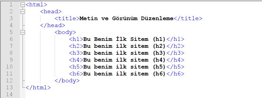 12 TBT / WEB TASARIM ve PROGRAMLAMA ( Not 3 ) 25.09.2017 METİN VE GÖRÜNÜM DÜZENLEME ETİKETLERİ <Hx> : <Hx> etiketleri dökümana başlık eklemek için kullanılır.