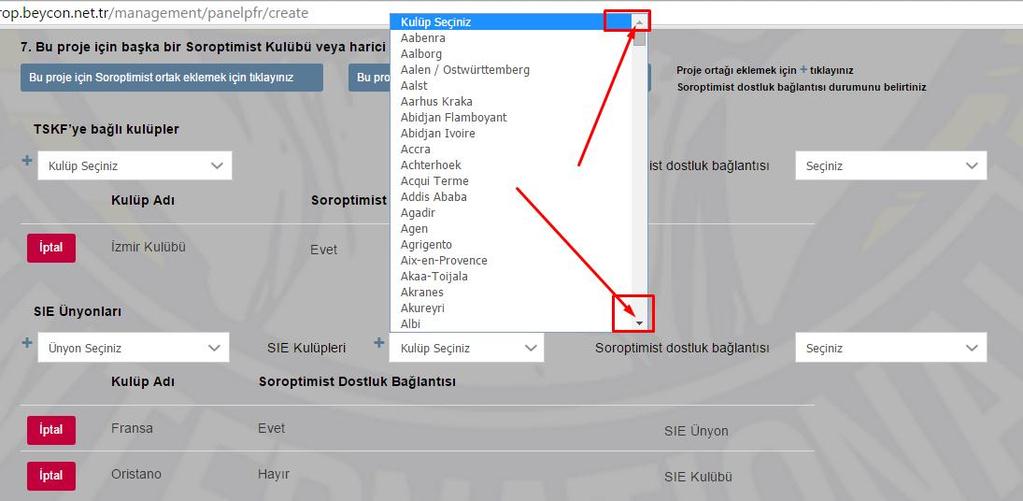 Açılan bu listeden, yeni bir SIE kulüp daha seçebilmek için görselde belirtilen