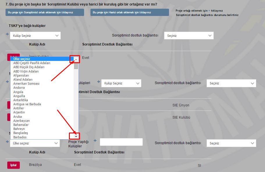 Açılan bu listeden, yeni ekleyeceğiniz SI(SIE dıģı)ortağı ülkesini seçebilmek için görselde