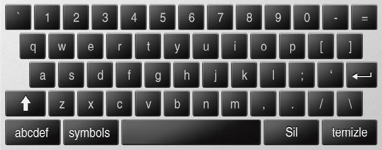 Shift - Öğe - 3 Alfa klavyede harfleri büyük harf yapmak için basın. Tuş Düzeni - Öğe - 4 acbdef ve qwerty tuş düzeni arasında geçiş için basın Semboller - Öğe - 5 Sembolleri görüntülemek için basın.